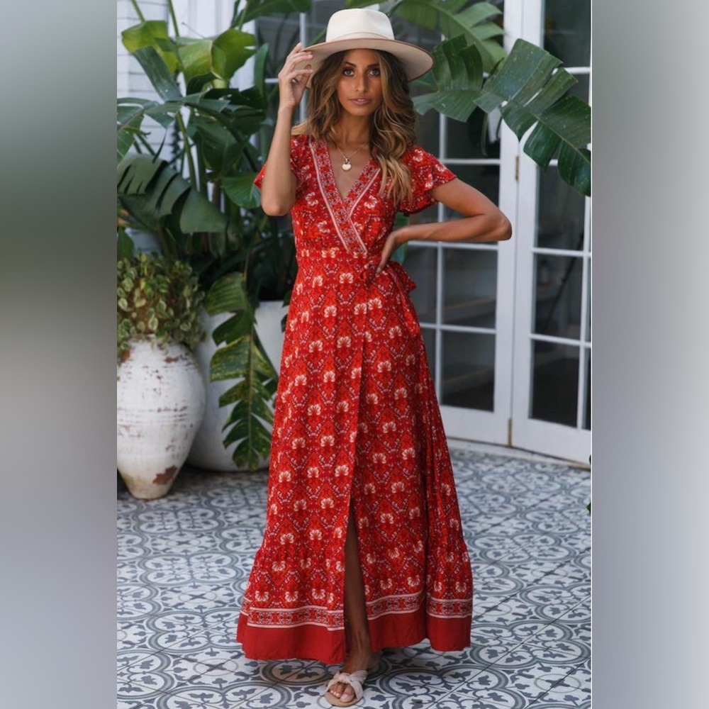 NEW Sexy Boho Style Wrap Floral Print Summer Long Red gold V-Neck Maxi Dress M - Picture 4 of 17